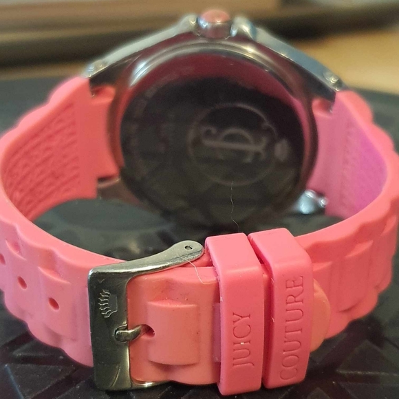 Juicy Couture #JC.80.3.14.0475S Silver/Pink Rhinestone Silicone Women's Watch - Picture 4 of 5